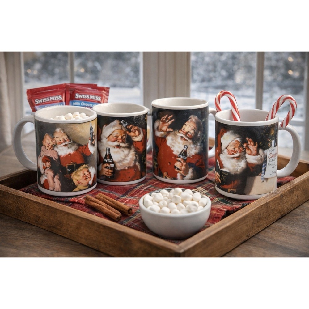 Coca Cola Santa Holiday Portrait Mug Set (4) Sakura Stoneware‎ 2002 Vintage Mugs